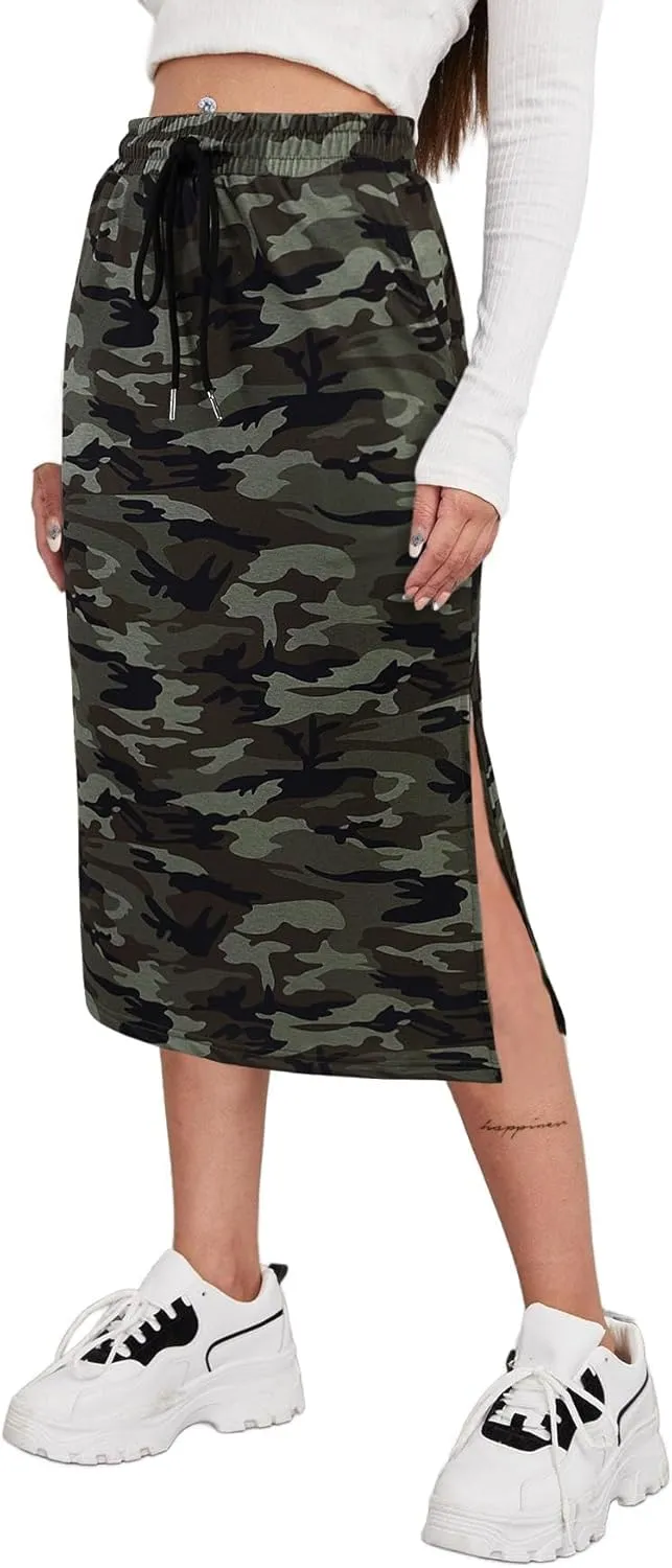 SOFIA'S CHOICE Women's Midi Skirt Drawstring High Waist Slit Skirts with Pockets