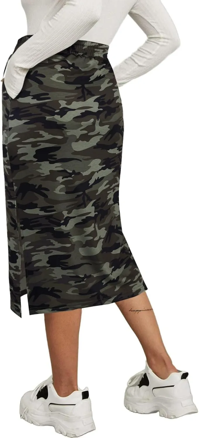 SOFIA'S CHOICE Women's Midi Skirt Drawstring High Waist Slit Skirts with Pockets