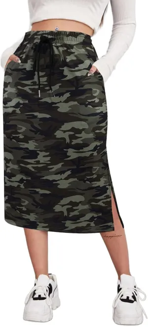 SOFIA'S CHOICE Women's Midi Skirt Drawstring High Waist Slit Skirts with Pockets