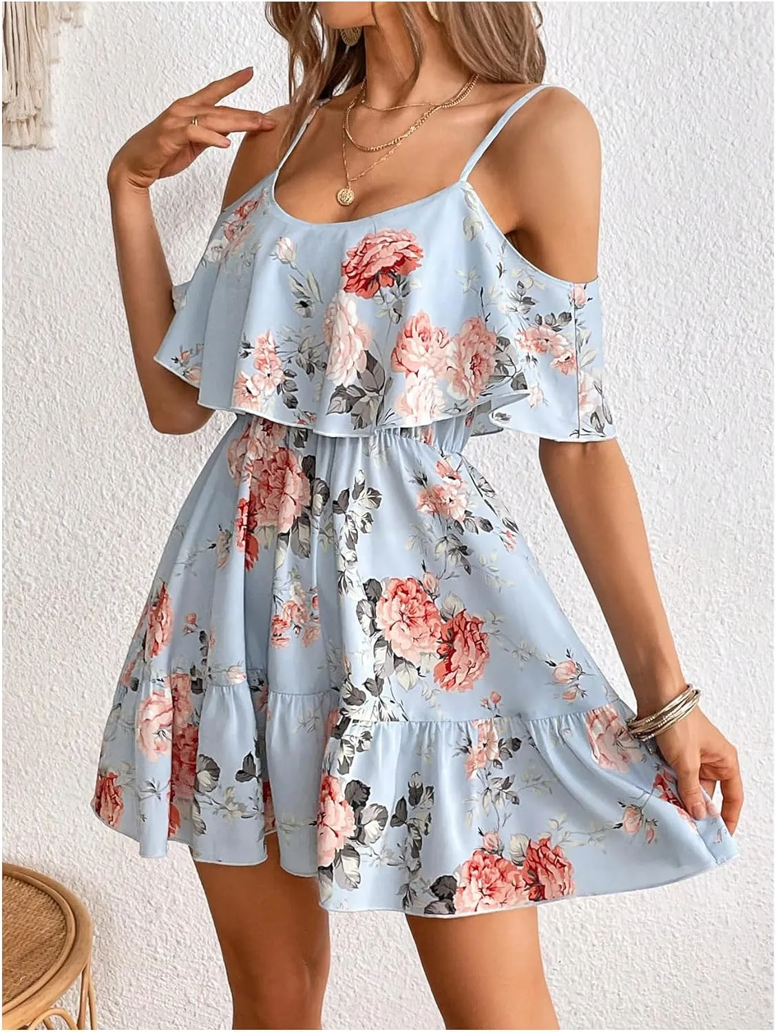 SOLY HUX Women's Boho Floral Print Cold Shoulder Dress Short Sleeve Ruffle A Line Vacation Elegant Mini Dresses