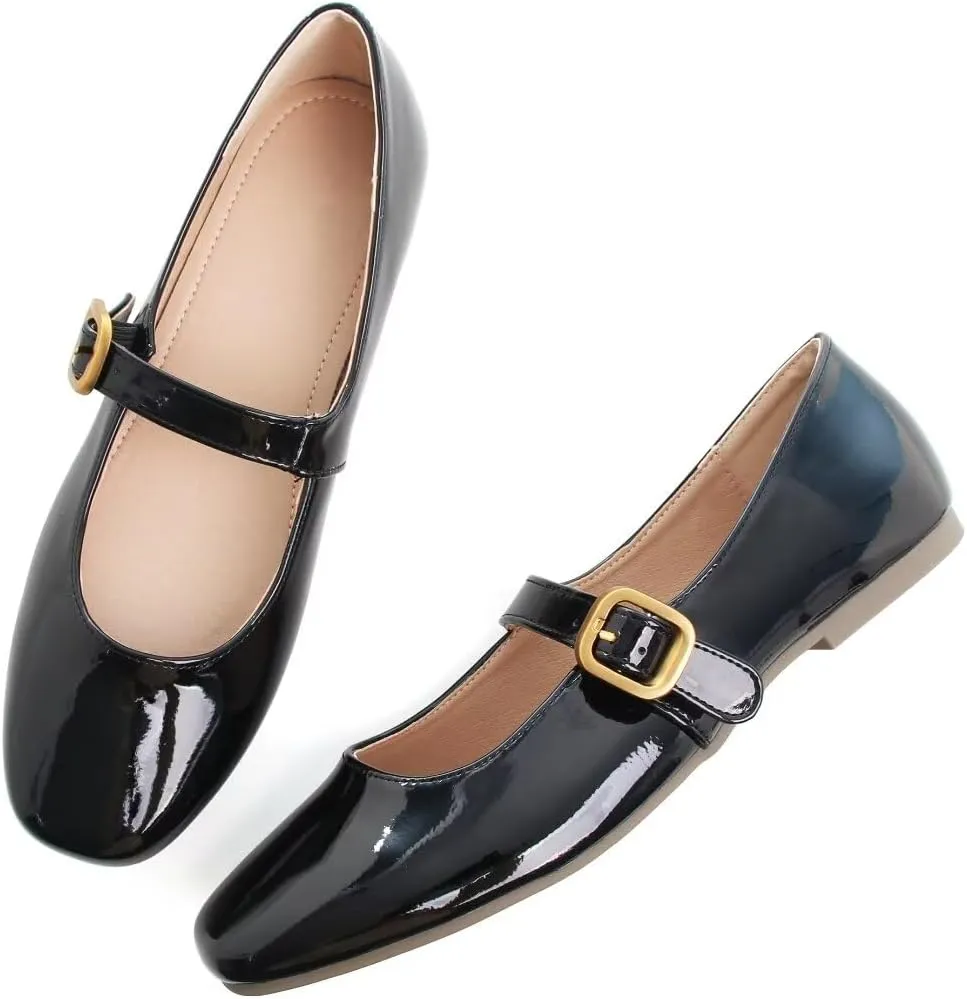 Stunner Women's Mary Jane Flats Fashion Round Toe Ballet Flats Comfort Slip On Flats Buckle Strap Dress Flats