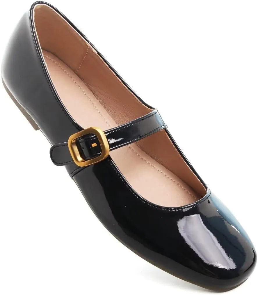 Stunner Women's Mary Jane Flats Fashion Round Toe Ballet Flats Comfort Slip On Flats Buckle Strap Dress Flats