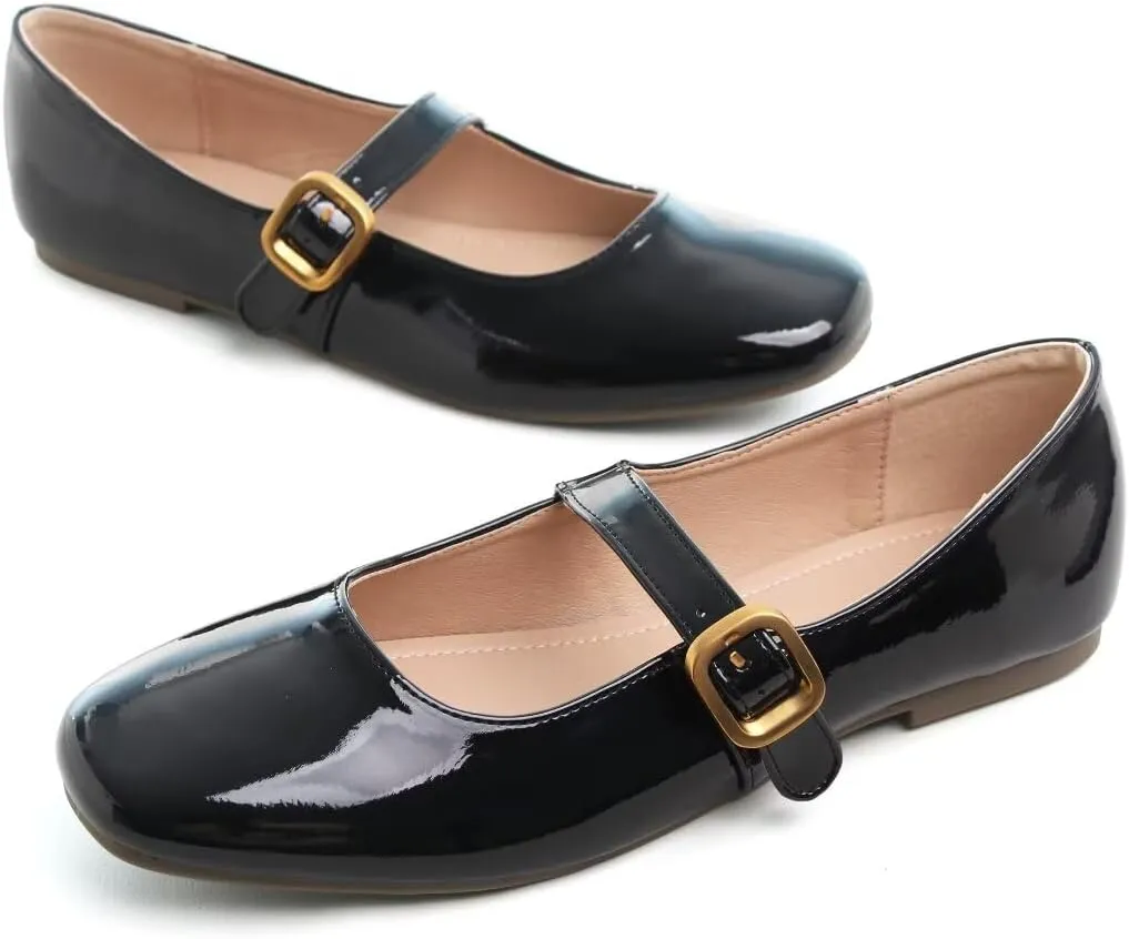 Stunner Women's Mary Jane Flats Fashion Round Toe Ballet Flats Comfort Slip On Flats Buckle Strap Dress Flats