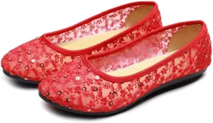 Stunner Womens Sequins Lace Cutout Dress Shoes Soft Ronud Toe Slip On Ballet Flats