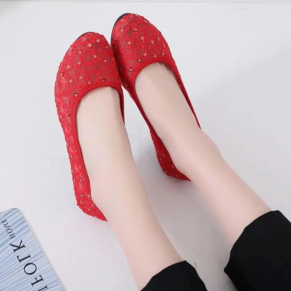 Stunner Womens Sequins Lace Cutout Dress Shoes Soft Ronud Toe Slip On Ballet Flats