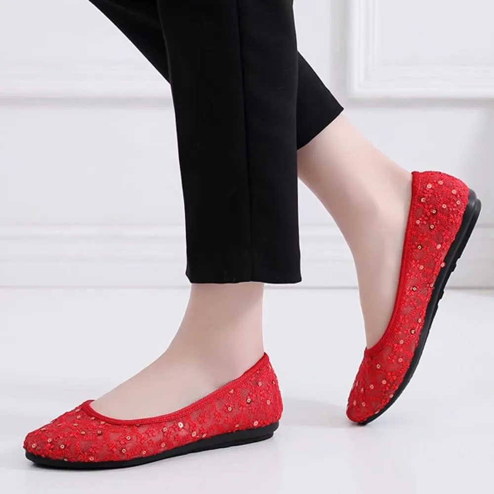 Stunner Womens Sequins Lace Cutout Dress Shoes Soft Ronud Toe Slip On Ballet Flats