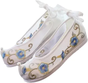 Summer Women Patchwork Gauze Cotton Chinese Style Platform Flats Vintage Ladies Ankle Strap Costume Shoes White Red