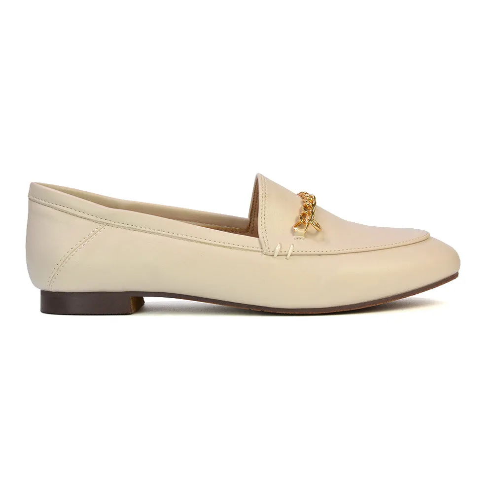 Tessah Chain Detail Flat Heel Slip On School Shoes Loafers is Nude Synthetic Leather