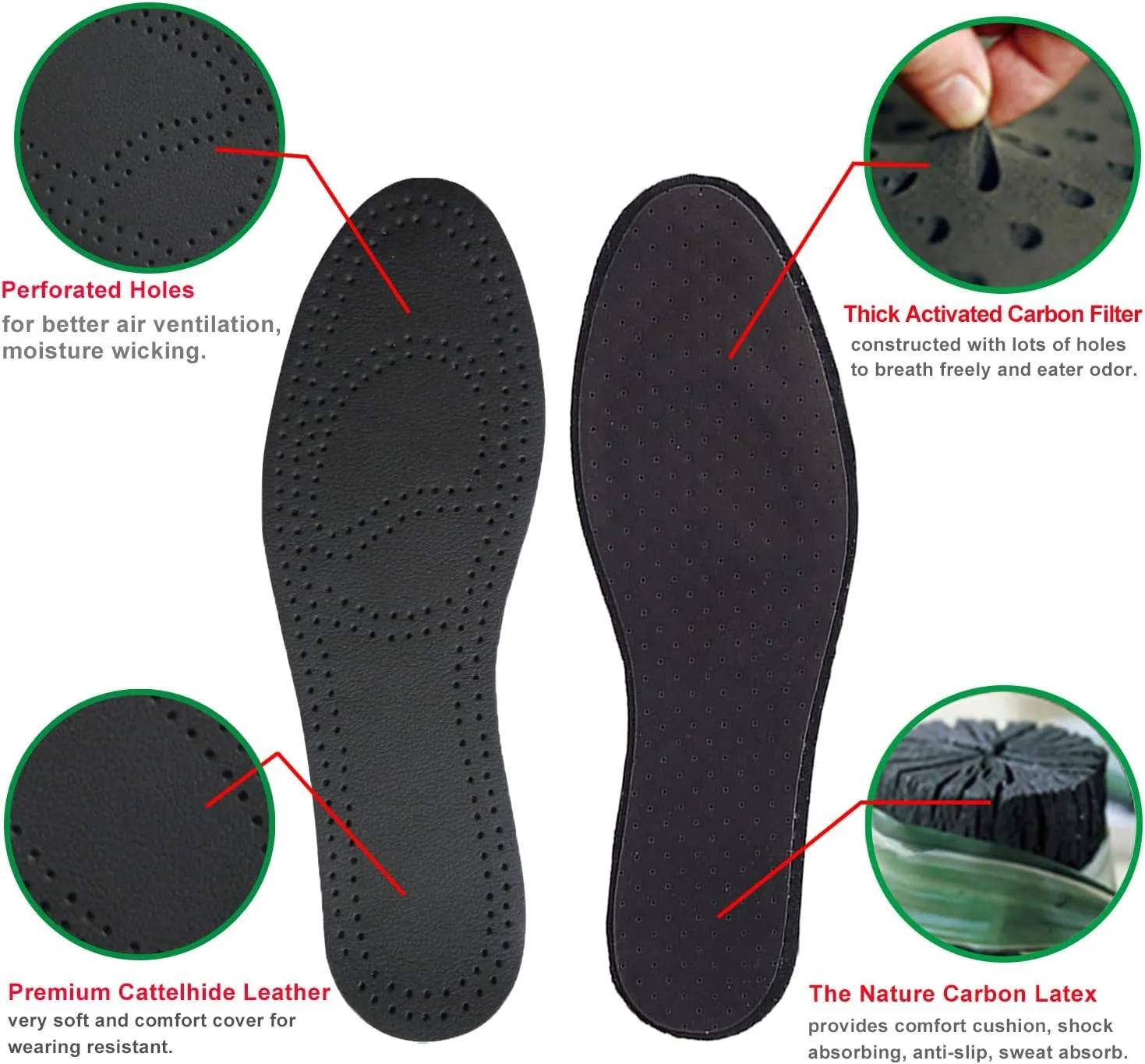 Thin Leather Insoles for Men Thin Shoe Sole Liners Replacement Black Leather Shoe Inserts for Men Boots with Activated Carbon for Odor Eater and Sweat Absorbing (3 Pairs/Mens US 11.5)