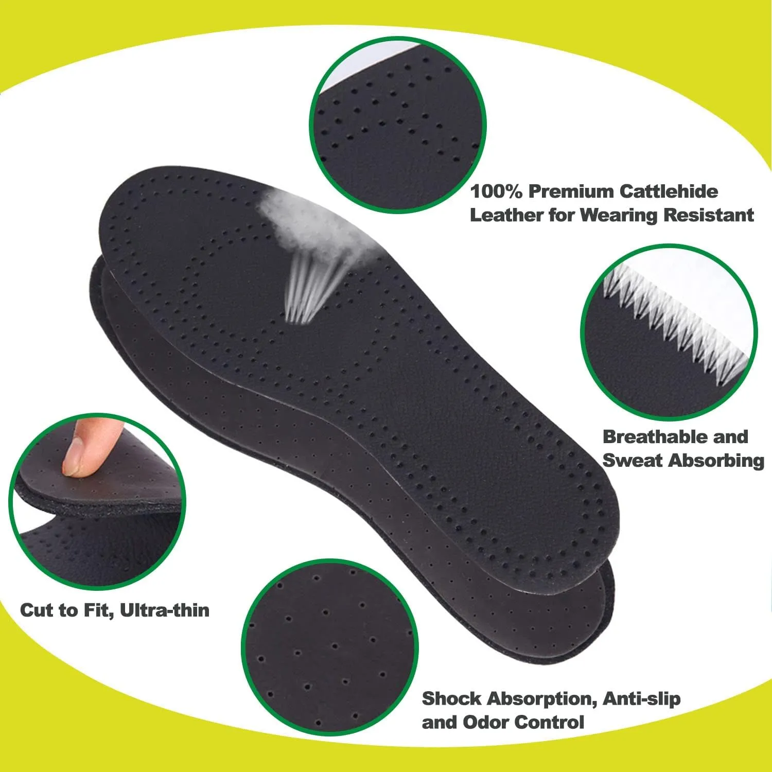 Thin Leather Insoles for Men Thin Shoe Sole Liners Replacement Black Leather Shoe Inserts for Men Boots with Activated Carbon for Odor Eater and Sweat Absorbing (3 Pairs/Mens US 11.5)