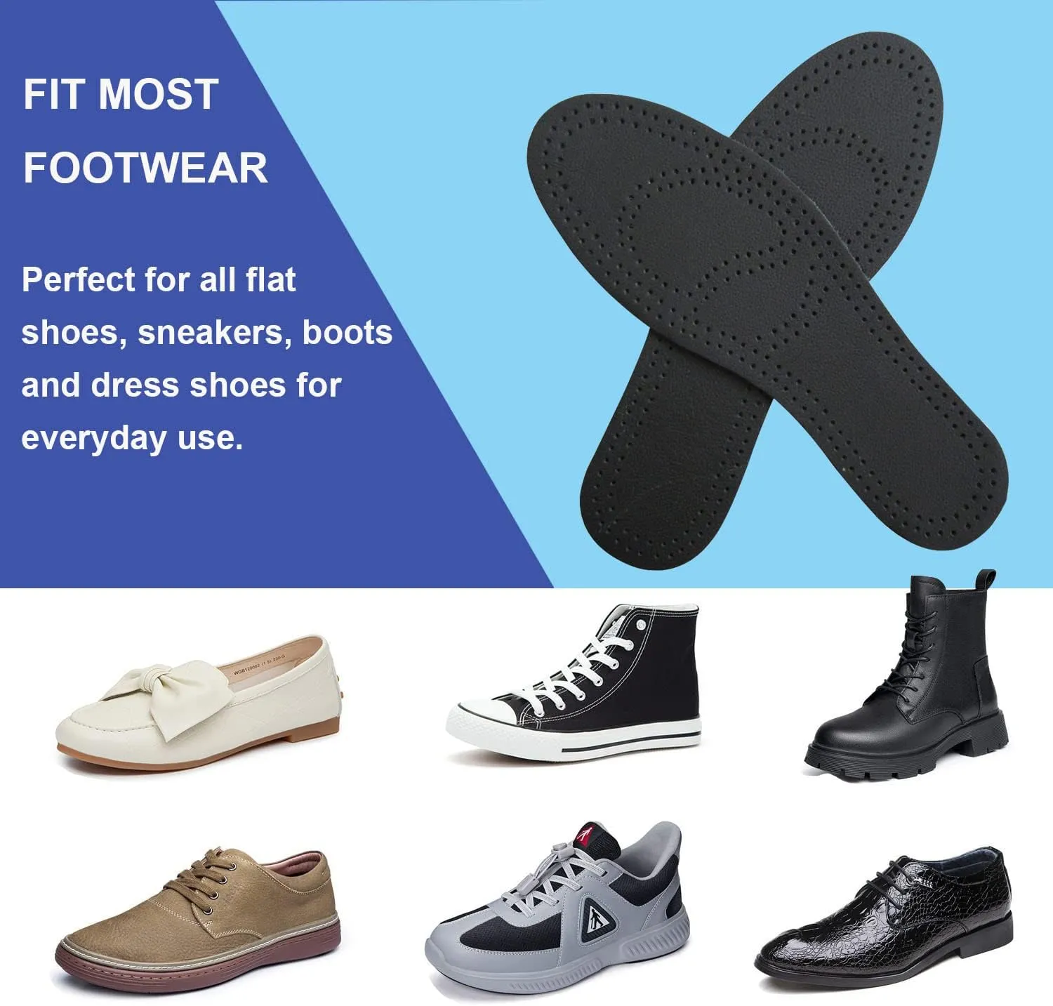 Thin Leather Insoles for Men Thin Shoe Sole Liners Replacement Black Leather Shoe Inserts for Men Boots with Activated Carbon for Odor Eater and Sweat Absorbing (3 Pairs/Mens US 11.5)