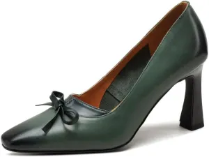 TinaCus Women's Genuine Leather Retro Square Toe Tiny Bowknot Handmade High Stoletto Heel Pumps