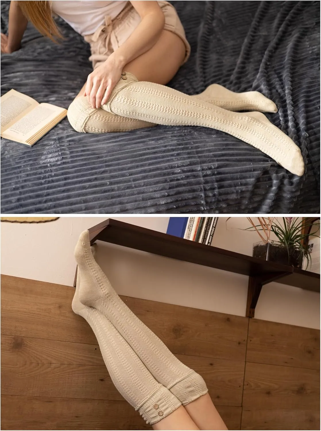 Tipi Toe Women's 3-Pairs Winter Warm Knee High/Over The Knee With Buttons Cotton-Blend Boot Socks