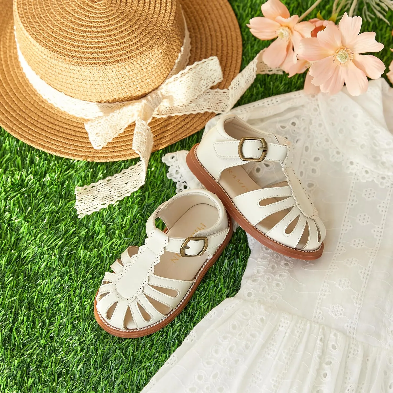Toddler Little Girl Summer Sandals - Flower Girl Close Toe Dress Shoes Flats Wedding Princess