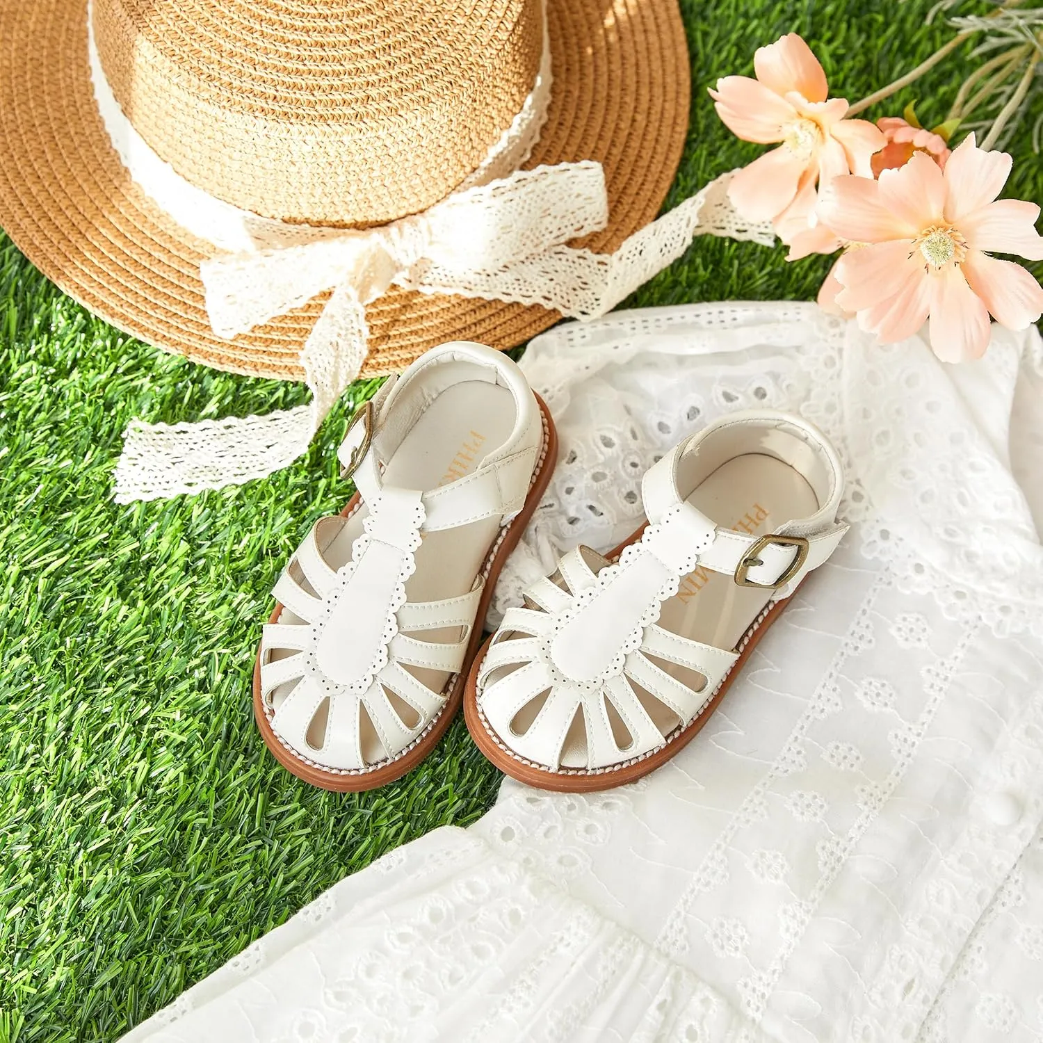 Toddler Little Girl Summer Sandals - Flower Girl Close Toe Dress Shoes Flats Wedding Princess