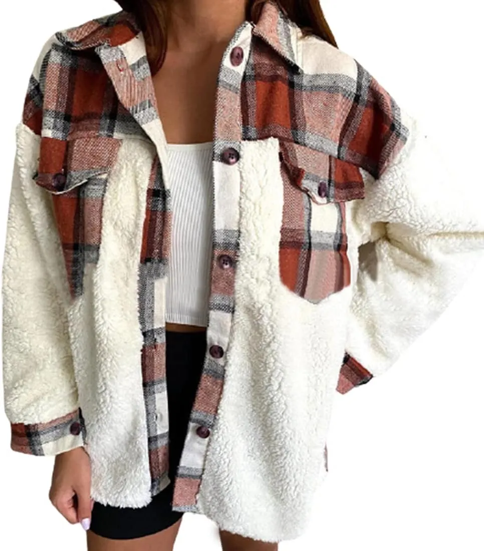 utcoco Women's Flannel Button Down Fleece Jacket Fall Fuzzy Plaid Blouse Jacket Winter Lightweight Coats