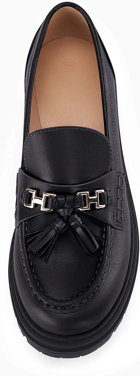 VETASTE Womens Lug Sole Platform Mid Chunky Heel Loafers Classic Round Toe Slip On Office Uniform Oxfords Shoes with Metal Chain