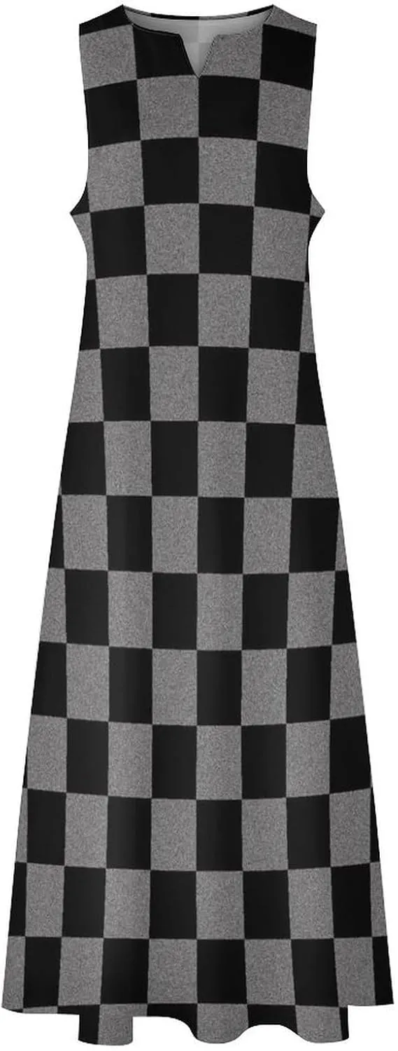 Vintage Checkered Pattern Women's Casual Loose Maxi Sundress Tank Sleeveless Summer Beach Long Dresses