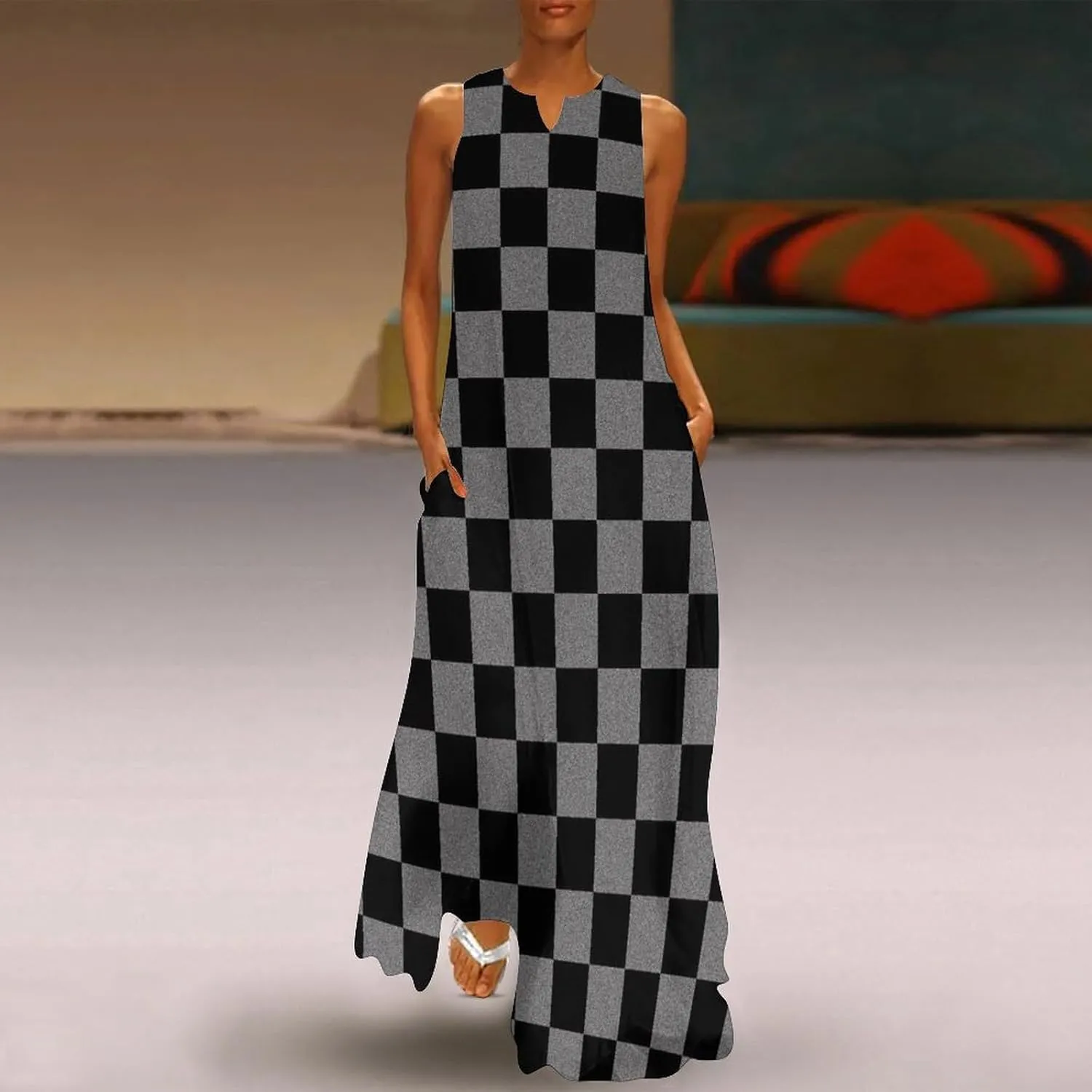Vintage Checkered Pattern Women's Casual Loose Maxi Sundress Tank Sleeveless Summer Beach Long Dresses