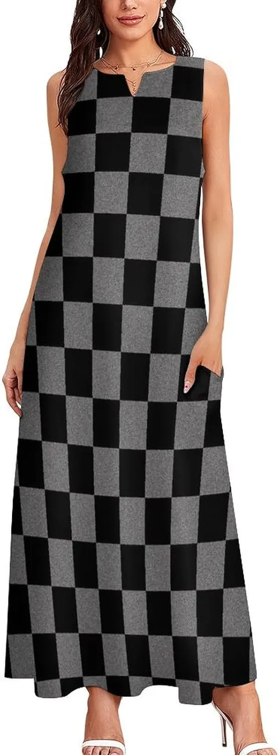 Vintage Checkered Pattern Women's Casual Loose Maxi Sundress Tank Sleeveless Summer Beach Long Dresses