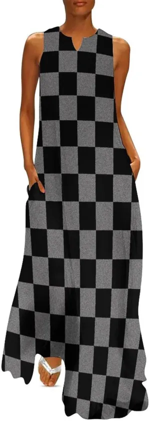 Vintage Checkered Pattern Women's Casual Loose Maxi Sundress Tank Sleeveless Summer Beach Long Dresses
