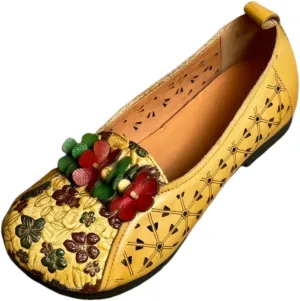 Vintage Ethnic Style Women's Flats with Floral Embellishments and Cool Hollow-Out Closed Round Toe Low-Cut Genuine Leather Shoes Casual Daily Wear Summer