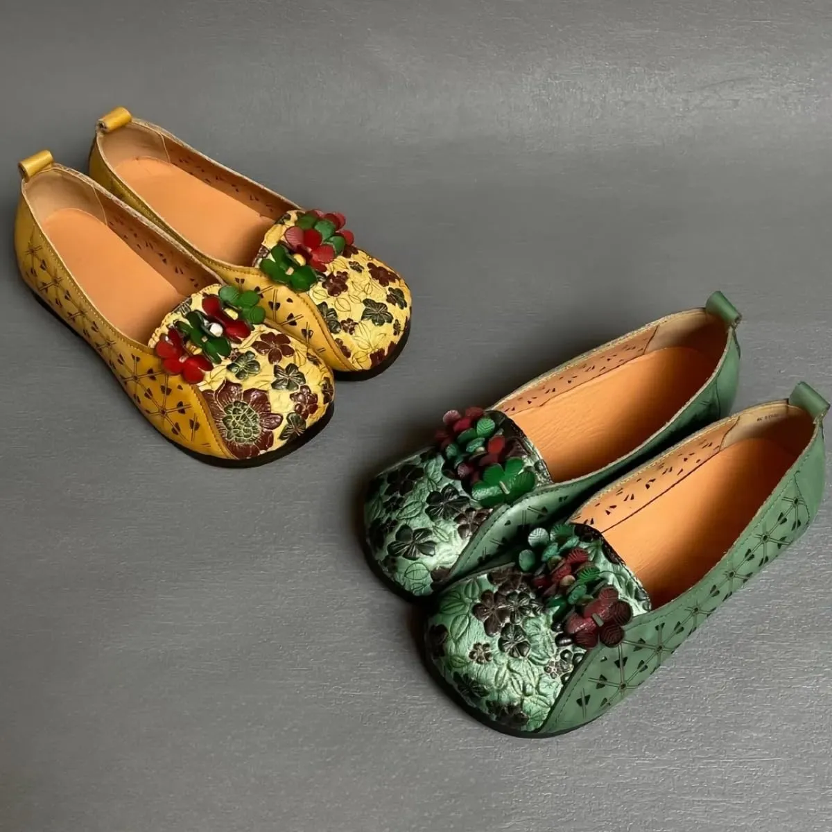 Vintage Ethnic Style Women's Flats with Floral Embellishments and Cool Hollow-Out Closed Round Toe Low-Cut Genuine Leather Shoes Casual Daily Wear Summer