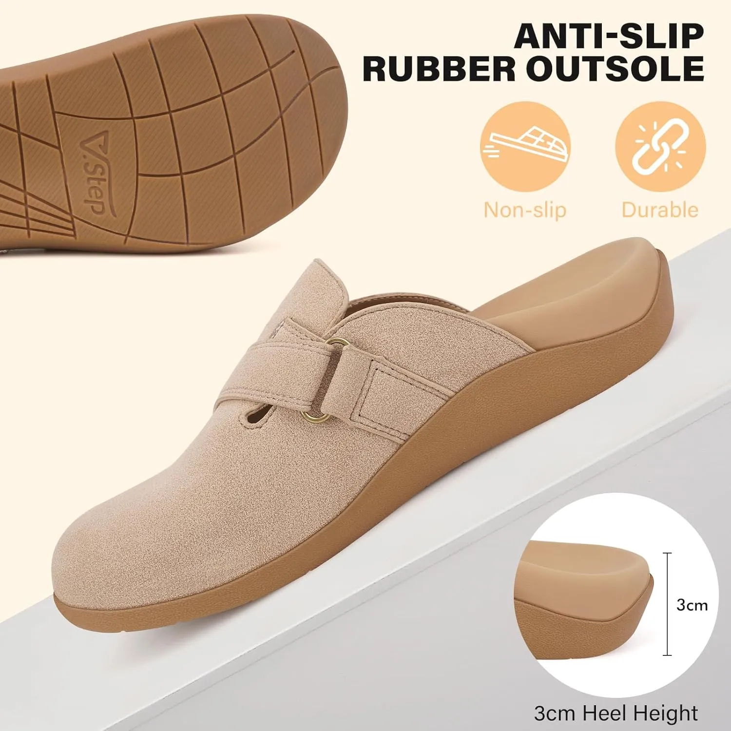 V.Step Women Orthopedic Clog Slippers with Arch Support, Suede Clogs Leather Mules, Orthotic Slippers Potato Shoes for Plantar Fasciitis, Slip on Adjustable Indoor Outdoor Sandals Foot Pain Relief