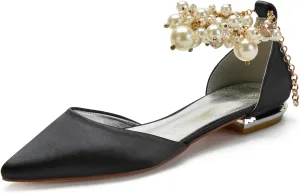Wedding Bridal Shoes Beaded Ankle Strap Low Heels Women's Pumps Pointed Toe Closed Toe Sandal 2CM High Heels Satin Flats Elegant Formal,Black,8.5