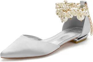Wedding Bridal Shoes Beaded Ankle Strap Low Heels Women's Pumps Pointed Toe Closed Toe Sandal 2CM High Heels Satin Flats Elegant Formal,Silver,8.5