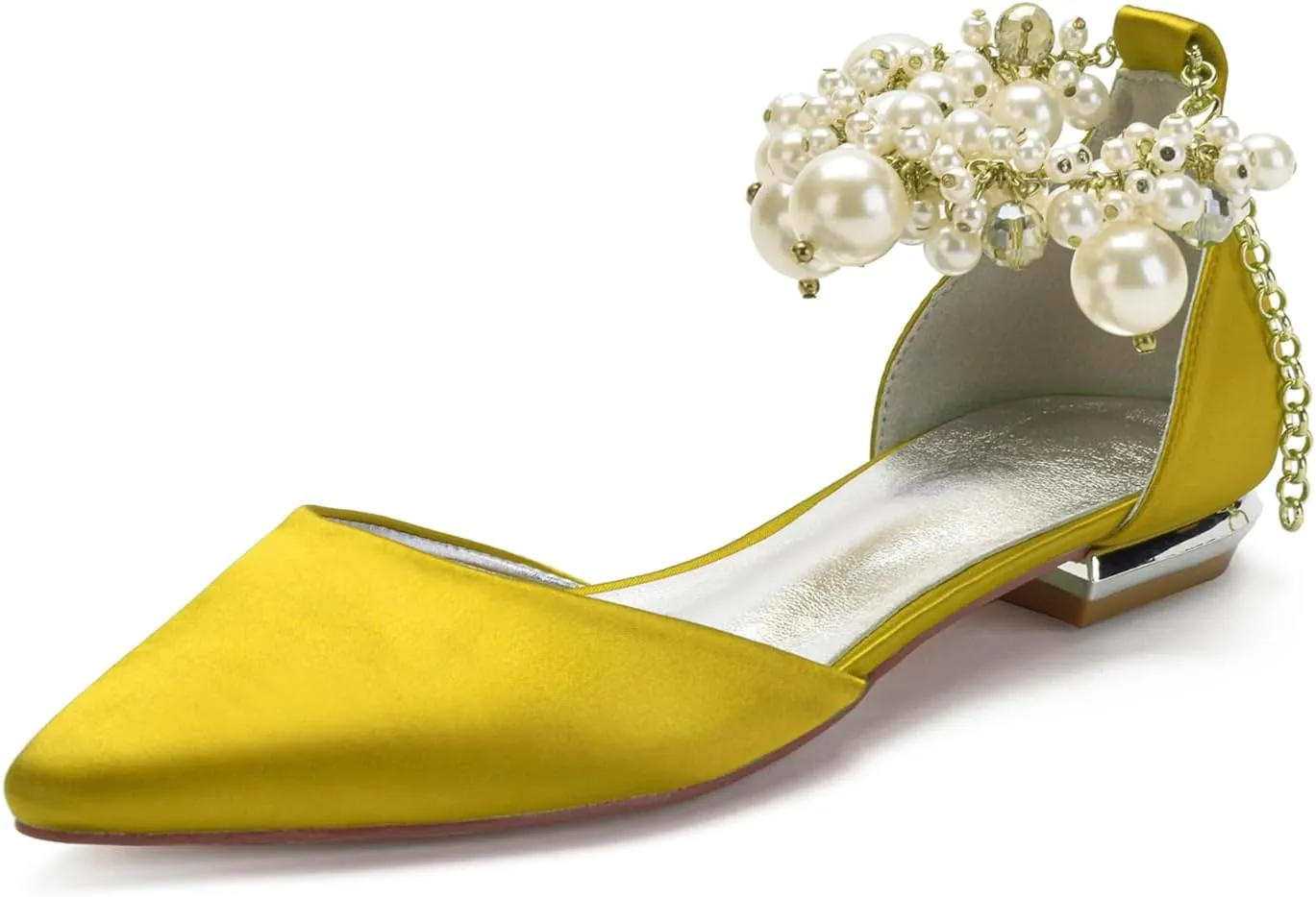 Wedding Bridal Shoes Beaded Ankle Strap Low Heels Women's Pumps Pointed Toe Closed Toe Sandal 2CM High Heels Satin Flats Elegant Formal,Yellow,8