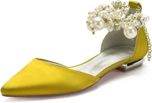 Wedding Bridal Shoes Beaded Ankle Strap Low Heels Women's Pumps Pointed Toe Closed Toe Sandal 2CM High Heels Satin Flats Elegant Formal,Yellow,8