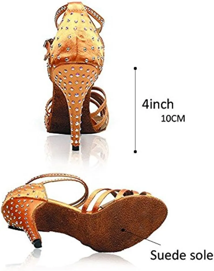 WENDYWU Women Latin Shoes Rhinestone Ballroom 4" High Heel Sandals Dance Shoes