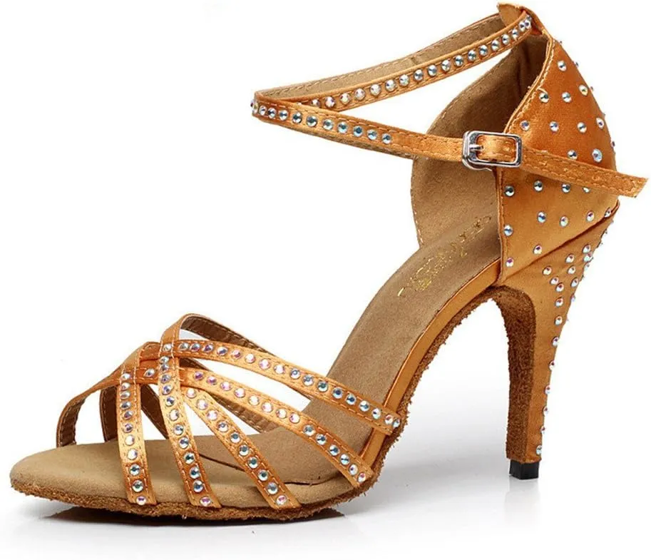 WENDYWU Women Latin Shoes Rhinestone Ballroom 4" High Heel Sandals Dance Shoes