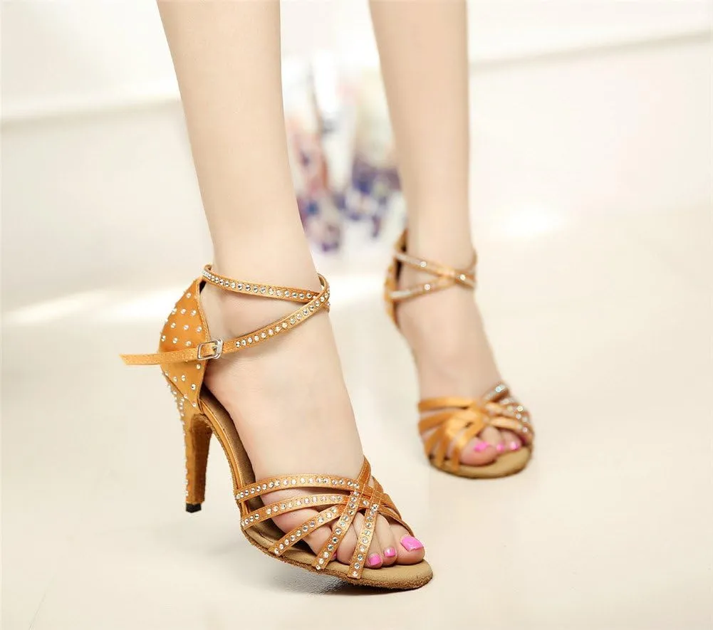 WENDYWU Women Latin Shoes Rhinestone Ballroom 4" High Heel Sandals Dance Shoes
