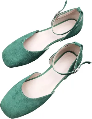 WENJIAZHIZHI Women Square Toe Ankle Buckle Flat Sandals All-Match Comfortable Dressy Wedding Ballets Flats