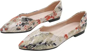 WENJIAZHIZHI Womens Pointed Toe Bow Flats Elegant Floral Print Slip-ons Comfortable Dress Shoes for Party Wedding