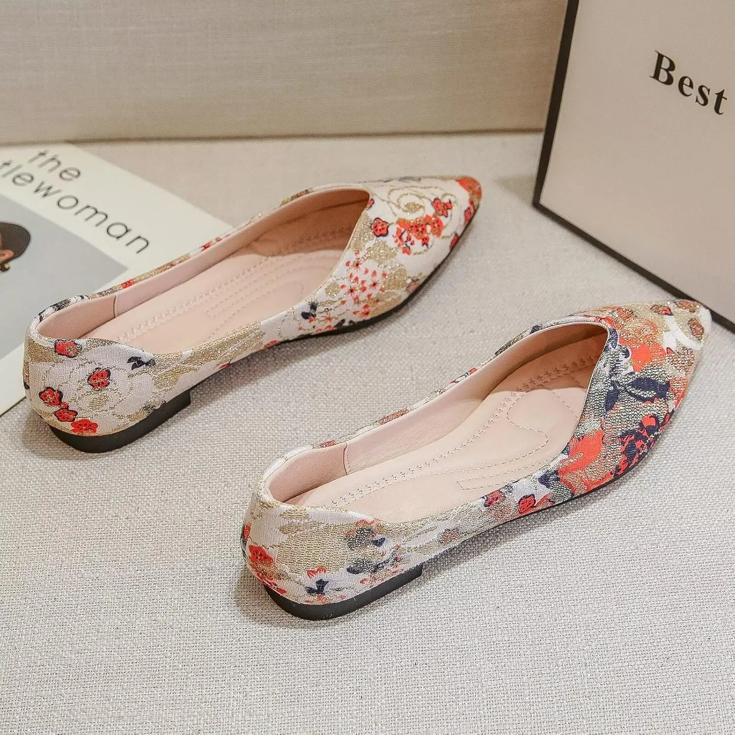 WENJIAZHIZHI Womens Pointed Toe Bow Flats Elegant Floral Print Slip-ons Comfortable Dress Shoes for Party Wedding