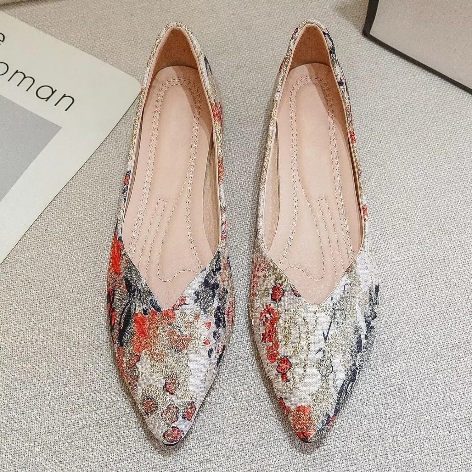 WENJIAZHIZHI Womens Pointed Toe Bow Flats Elegant Floral Print Slip-ons Comfortable Dress Shoes for Party Wedding