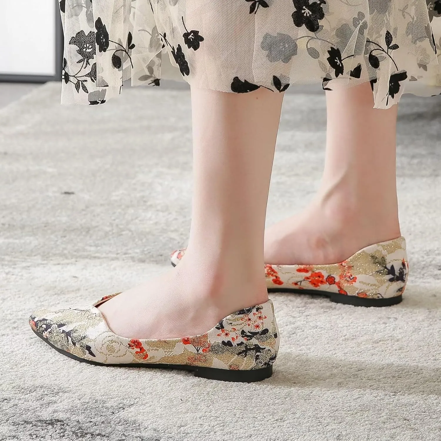 WENJIAZHIZHI Womens Pointed Toe Bow Flats Elegant Floral Print Slip-ons Comfortable Dress Shoes for Party Wedding