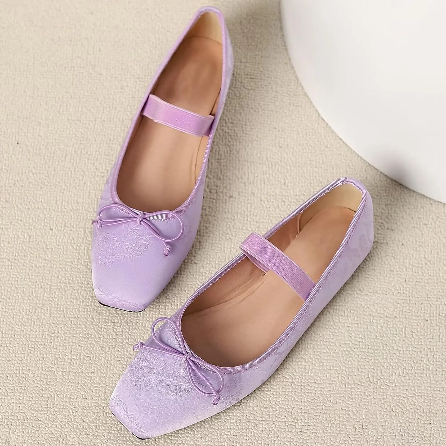 WENJIAZHIZHI Women's Vintage Style Bowtie Mary Jane Flats Square Toe Elastic Strap Comfortable Dressy Ballets Flats