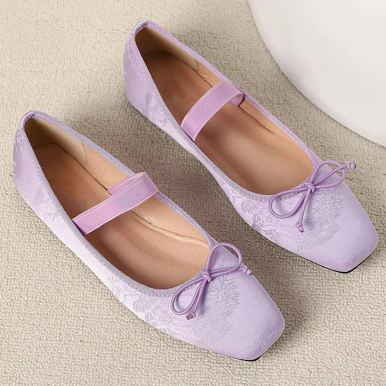 WENJIAZHIZHI Women's Vintage Style Bowtie Mary Jane Flats Square Toe Elastic Strap Comfortable Dressy Ballets Flats