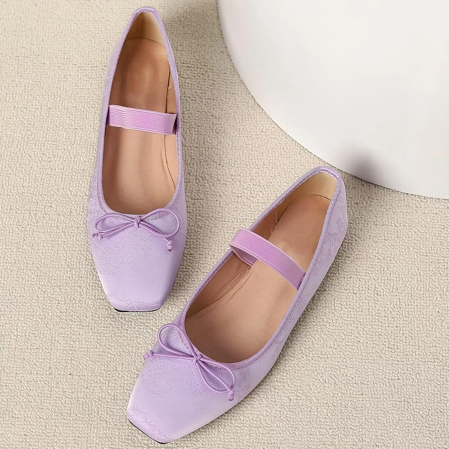 WENJIAZHIZHI Women's Vintage Style Bowtie Mary Jane Flats Square Toe Elastic Strap Comfortable Dressy Ballets Flats