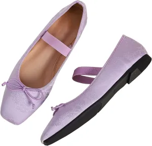 WENJIAZHIZHI Women's Vintage Style Bowtie Mary Jane Flats Square Toe Elastic Strap Comfortable Dressy Ballets Flats