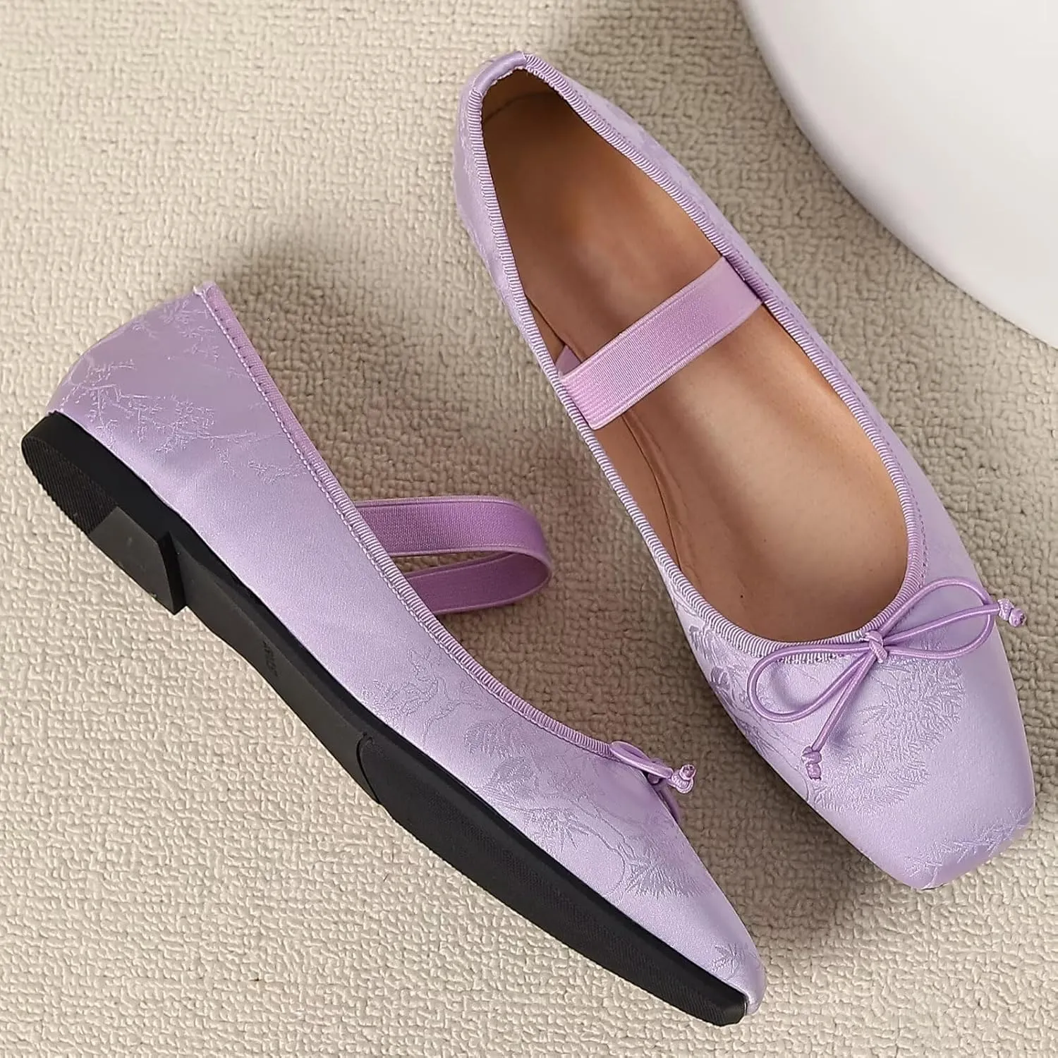 WENJIAZHIZHI Women's Vintage Style Bowtie Mary Jane Flats Square Toe Elastic Strap Comfortable Dressy Ballets Flats