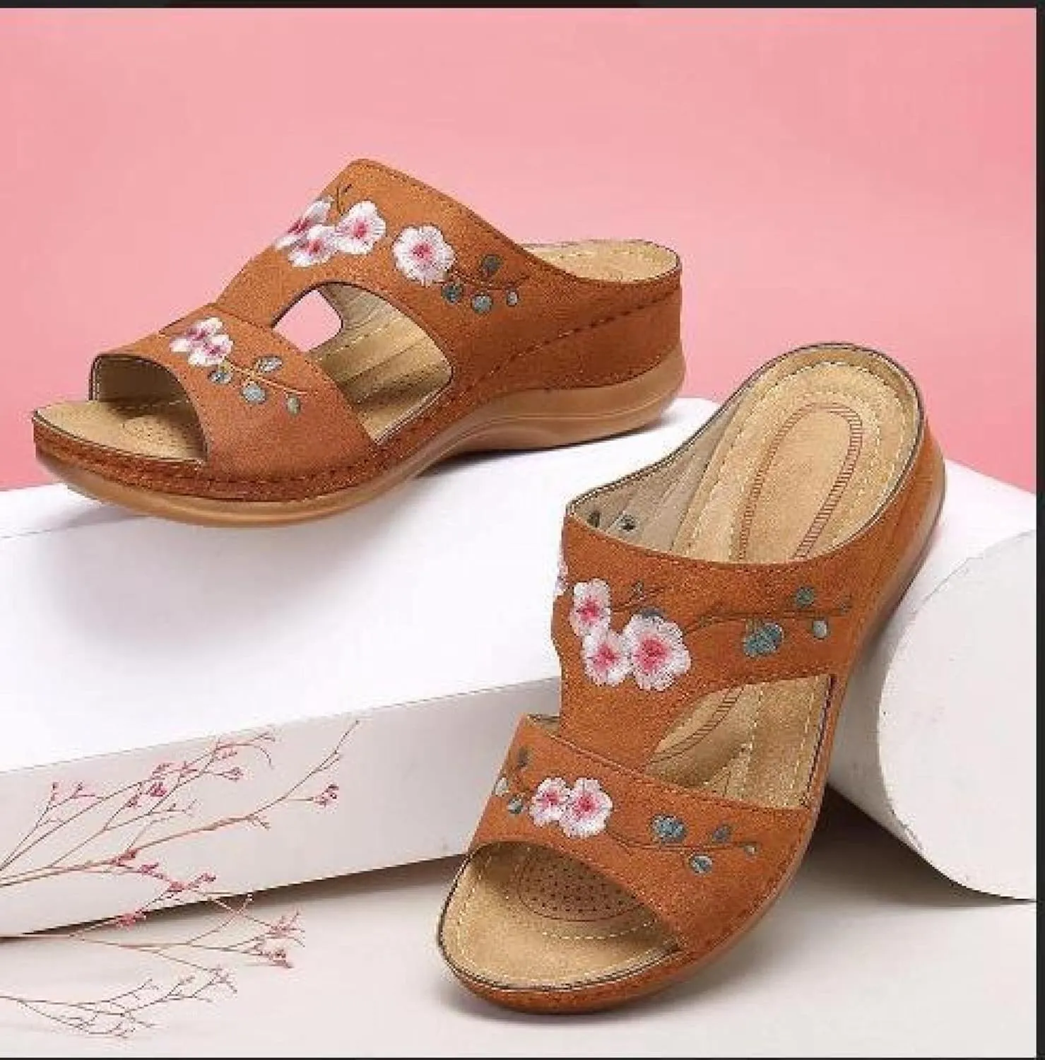 Women Backless Platfrom Sandals,Ladies Ankle Strap Platfrom Sandals,Summer Hollow Embroidered Slippers, Plus Size Wedge Sandals for Women,Brown,38