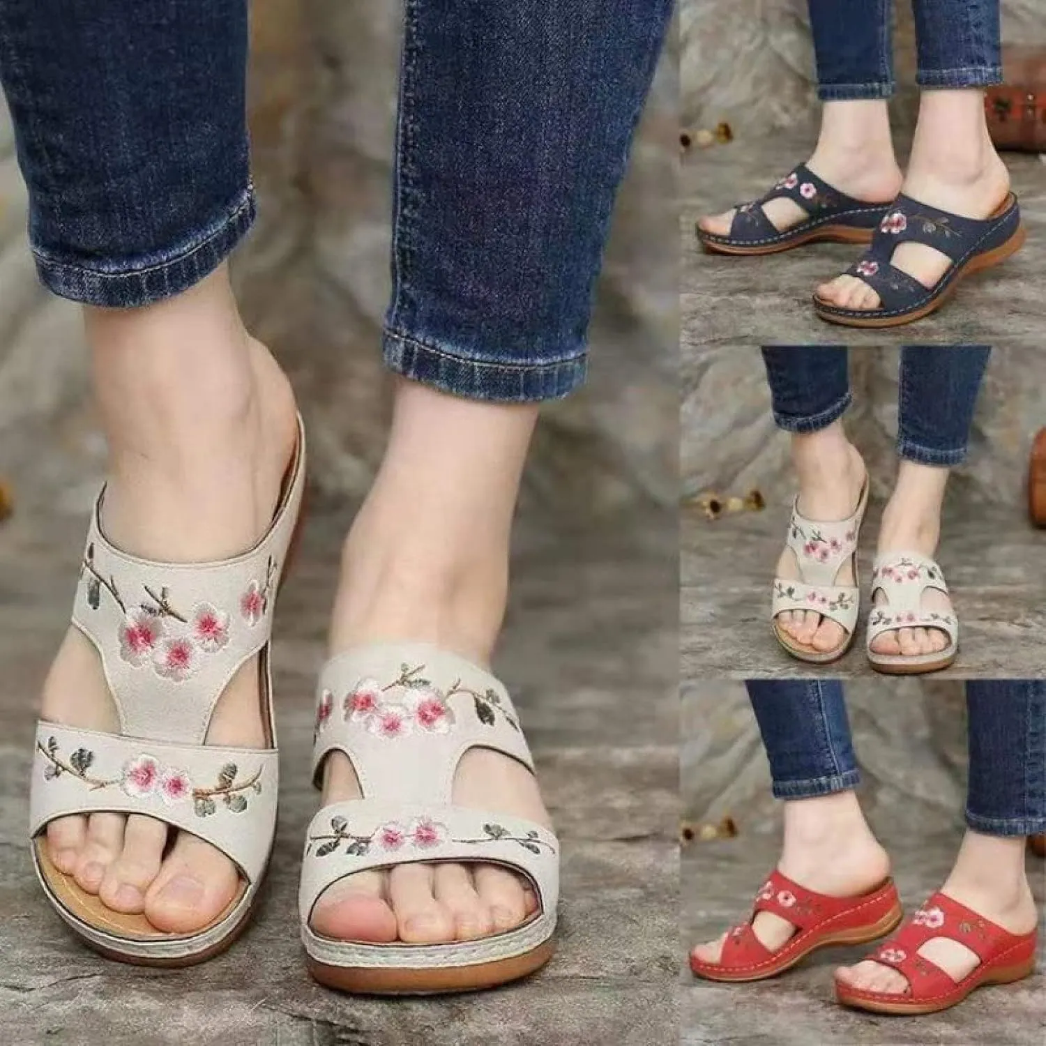 Women Backless Platfrom Sandals,Ladies Ankle Strap Platfrom Sandals,Summer Hollow Sandals, Embroidered Wedge Plus Size Slippers,Beige,38