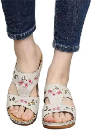 Women Backless Platfrom Sandals,Ladies Ankle Strap Platfrom Sandals,Summer Hollow Sandals, Embroidered Wedge Plus Size Slippers,Beige,38