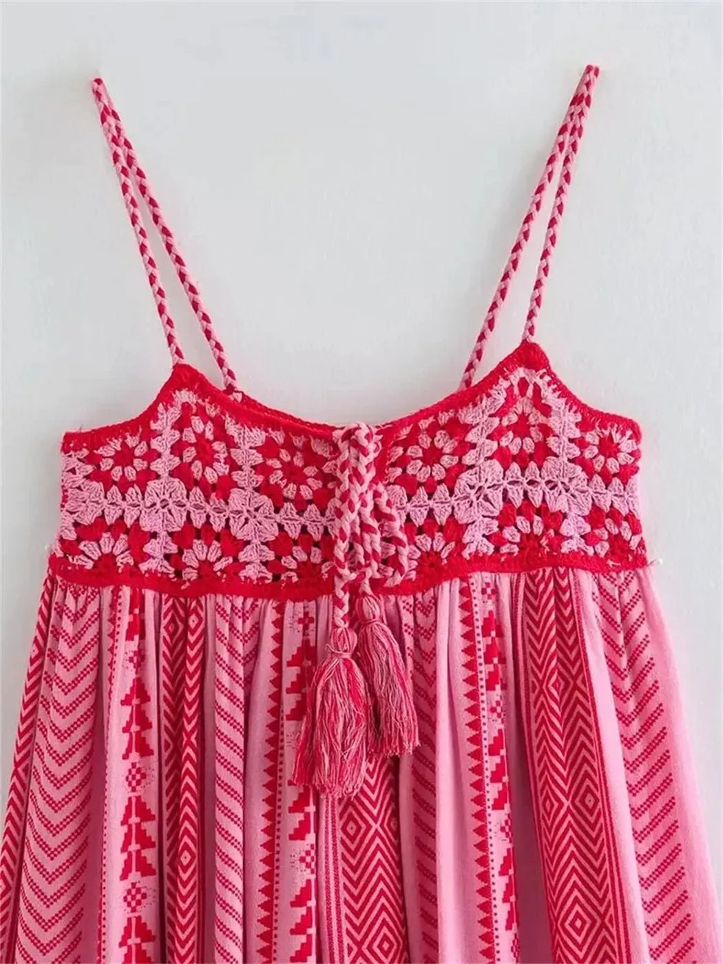 Women Bohemian Midi Dress Vacation Splice Knitted Vintage Strap Dress Women Casual Clothing