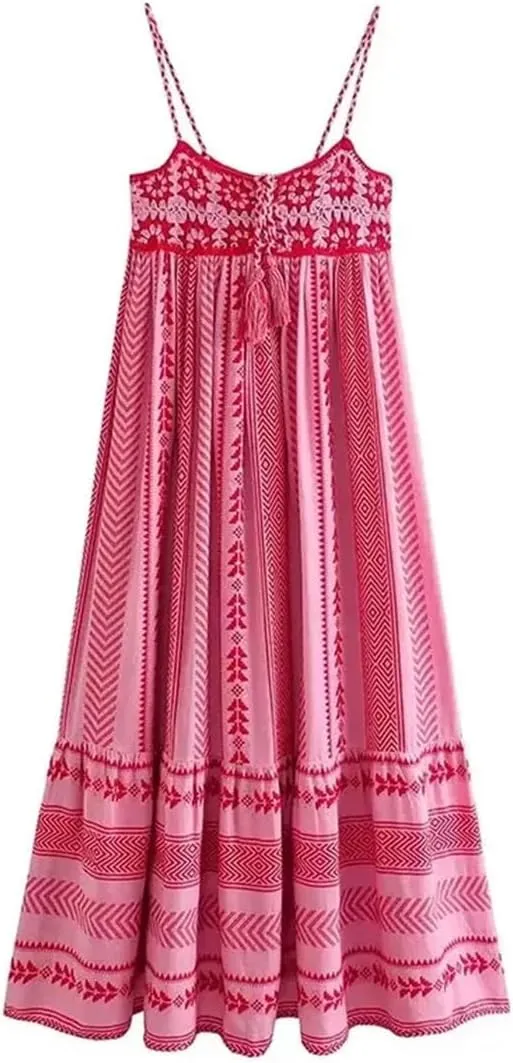 Women Bohemian Midi Dress Vacation Splice Knitted Vintage Strap Dress Women Casual Clothing